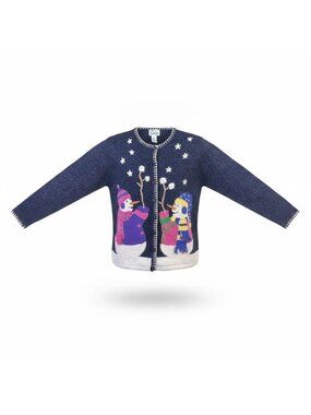 The Quacker Factory Womens Navy Snowman Pattern Cardigan Size L